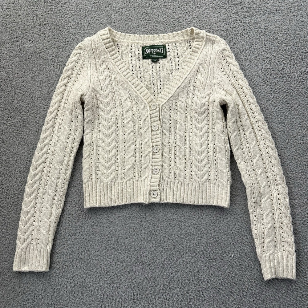 American Eagle Cable Knit Cardigan Ivory Neutral Preppy Academia Women's XS